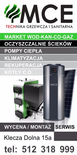 Reklama firmy instalacyjnej: kocioł na paliwo stałe, zbiornik akumulacyjny i panel słoneczny na białym tle.