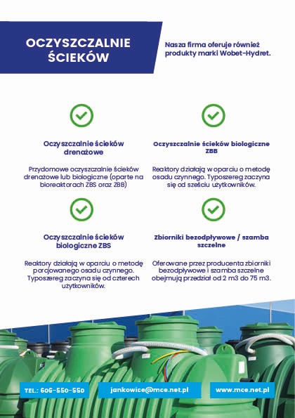 Reklama oczyszczalni ścieków marki Wobet-Hydret, prezentująca różne rodzaje oczyszczalni: drenażowe, biologiczne ZBB i ZBS oraz zbiorniki bezodpływowe. Na pierwszym planie widoczne zielone...