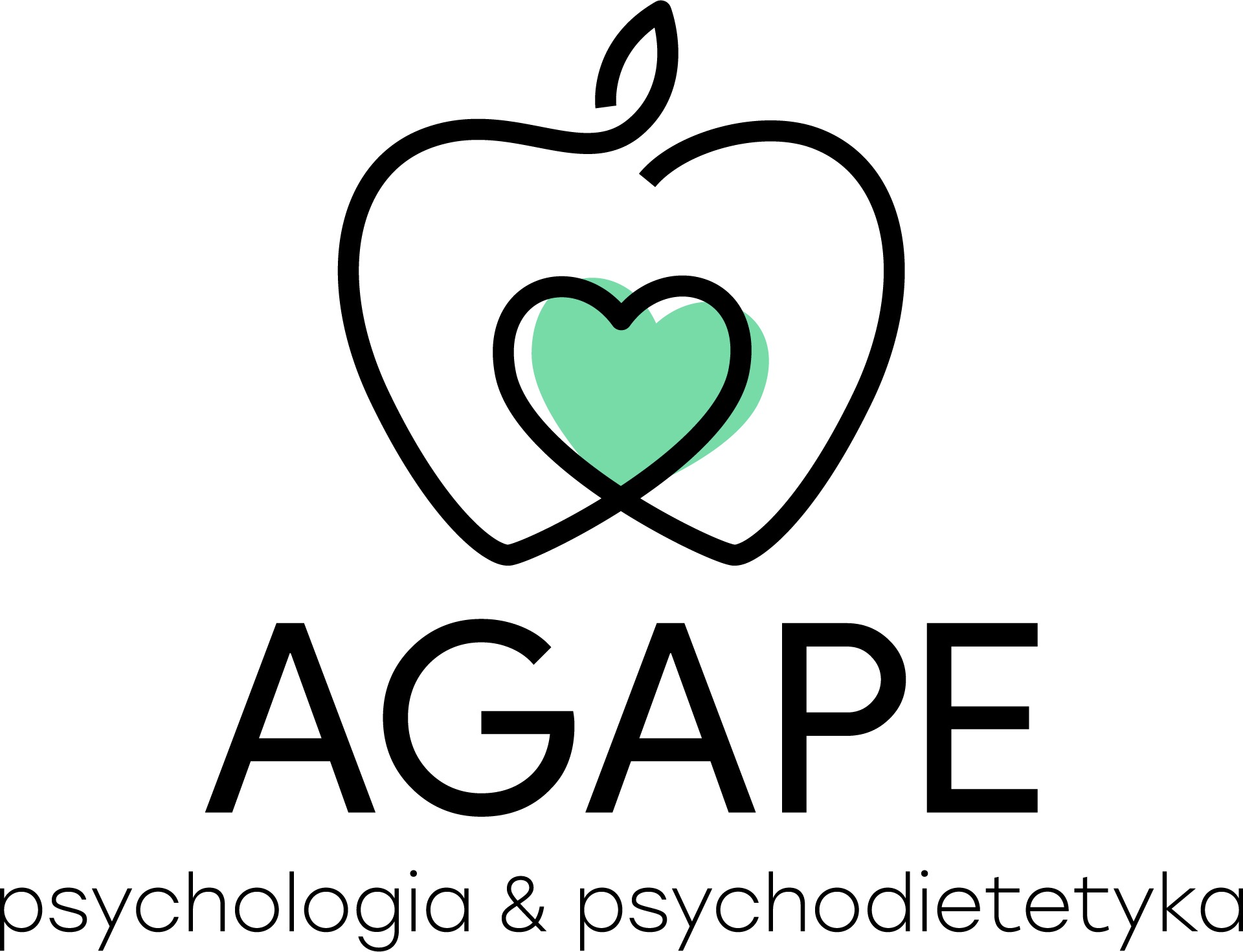 Logo firmy Agape: czarny kontur jabłka z zielonym sercem w środku, poniżej nazwa firmy i dopisek psychologia i psychodietetyka.