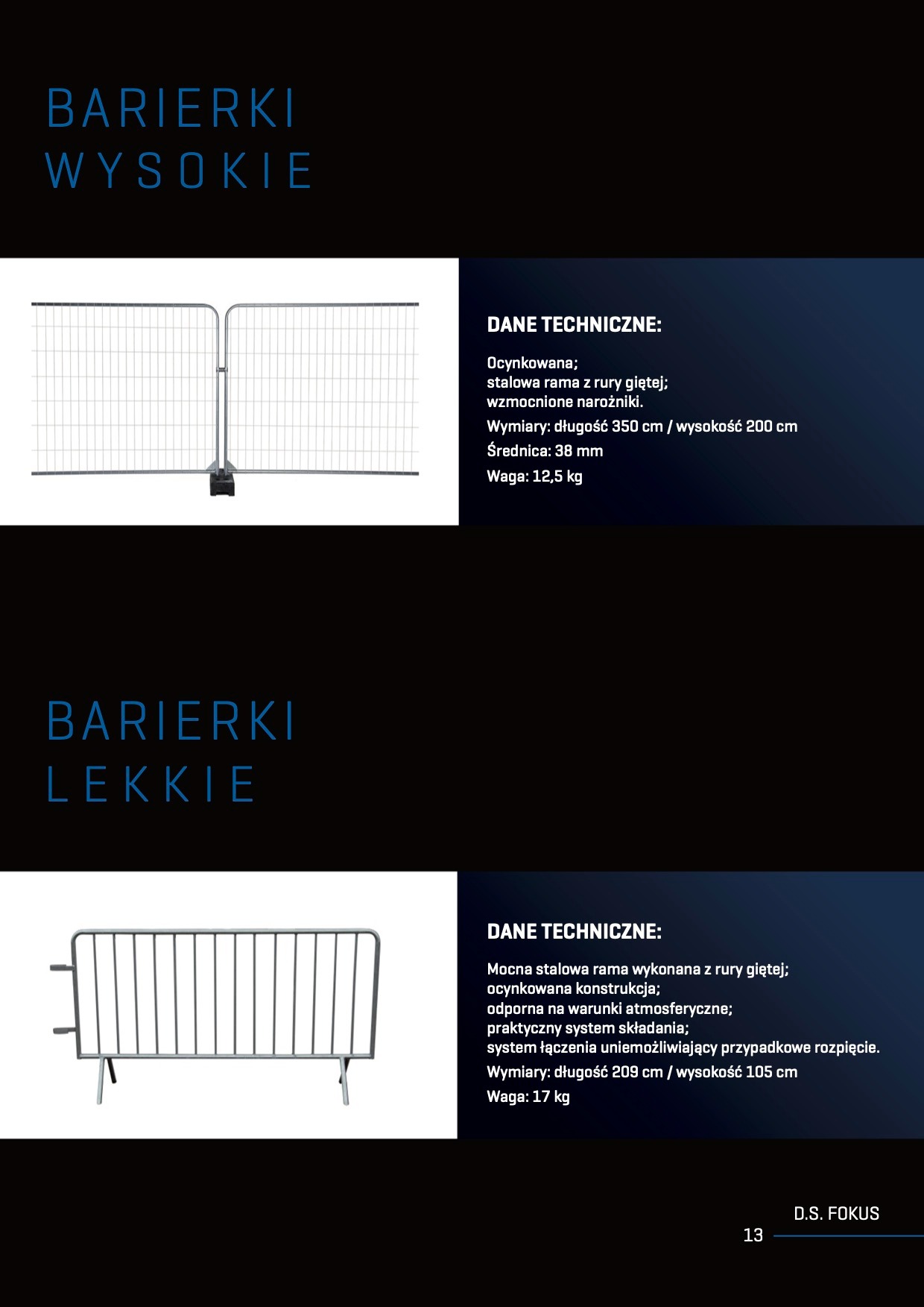 Katalogowe ujęcie dwóch rodzajów ocynkowanych barierek ochronnych: wysoka barierka z wypełnieniem siatkowym i niska barierka z poprzecznymi rurami, wraz z danymi technicznymi.