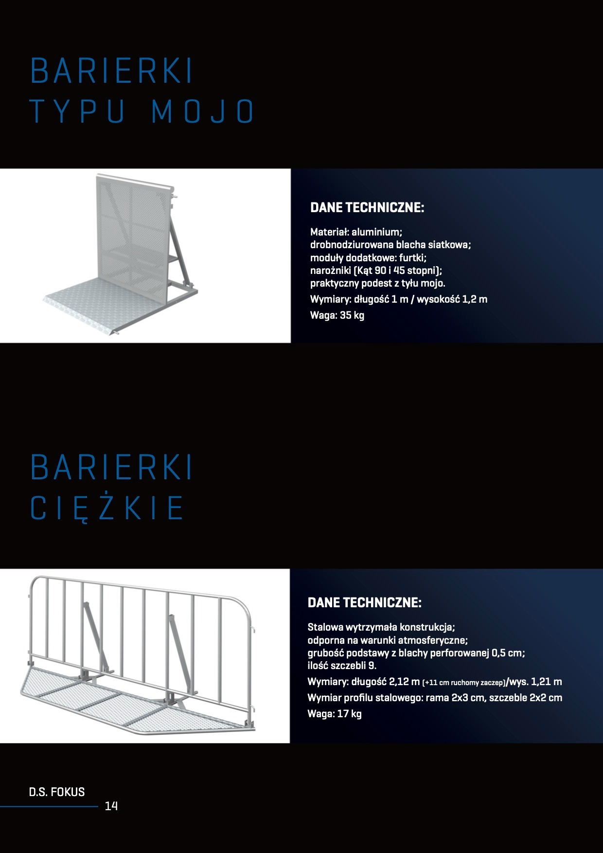 Dwie wersje barier ochronnych: lekka aluminiowa z siatką i ciężka stalowa z poziomymi szczeblami, obie z podestami.