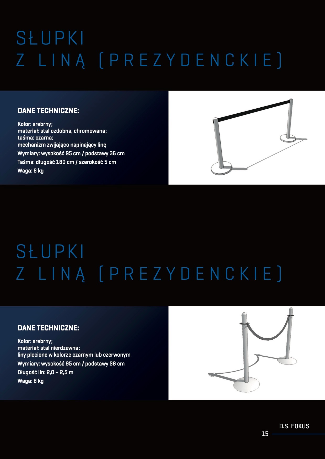 Wizualizacja słupków odgradzających z czarną taśmą zwijaną i srebrnych słupków z plecioną liną, prezentacja produktu.