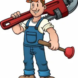 Uśmiechnięty hydraulik w kombinezonie z kluczem do rur na ramieniu i przepychaczką w ręce, ilustracja.