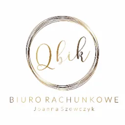 Eleganckie logo biura rachunkowego z napisem 'Qbik' w okręgu z cienkich linii i nazwą 'BIURO RACHUNKOWE Joanna Szewczyk' poniżej, wszystko w odcieniach złota na białym tle.
