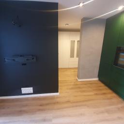 OTGlazurnik Małopolska Oskar Tracz - Nowoczesne wnętrze: ciemna ściana z uchwytem na telewizor i gniazdkami, jasna podłoga, zabudowa kuchenna w odcieniach zieleni oraz widok na białą szafę w głębi pomieszczenia.