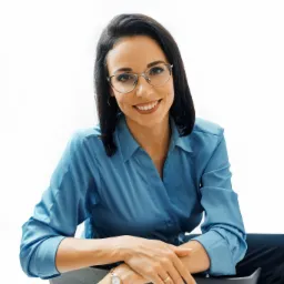 Uśmiechnięta brunetka w okularach i błękitnej koszuli siedzi na krześle, prezentując złoty zegarek i pierścionek.