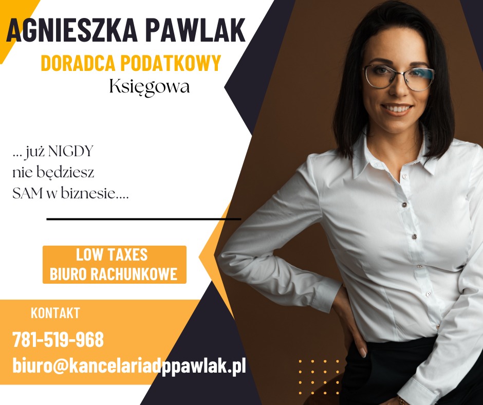 Portret uśmiechniętej kobiety w okularach i białej koszuli na reklamie biura rachunkowego z Kalisza, oferującego niskie podatki i pomoc w biznesie.