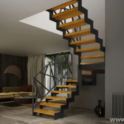 Nowoczesne schody spiralne z drewnianymi stopniami i czarną metalową konstrukcją, w przestronnym salonie z minimalistycznym wystrojem.