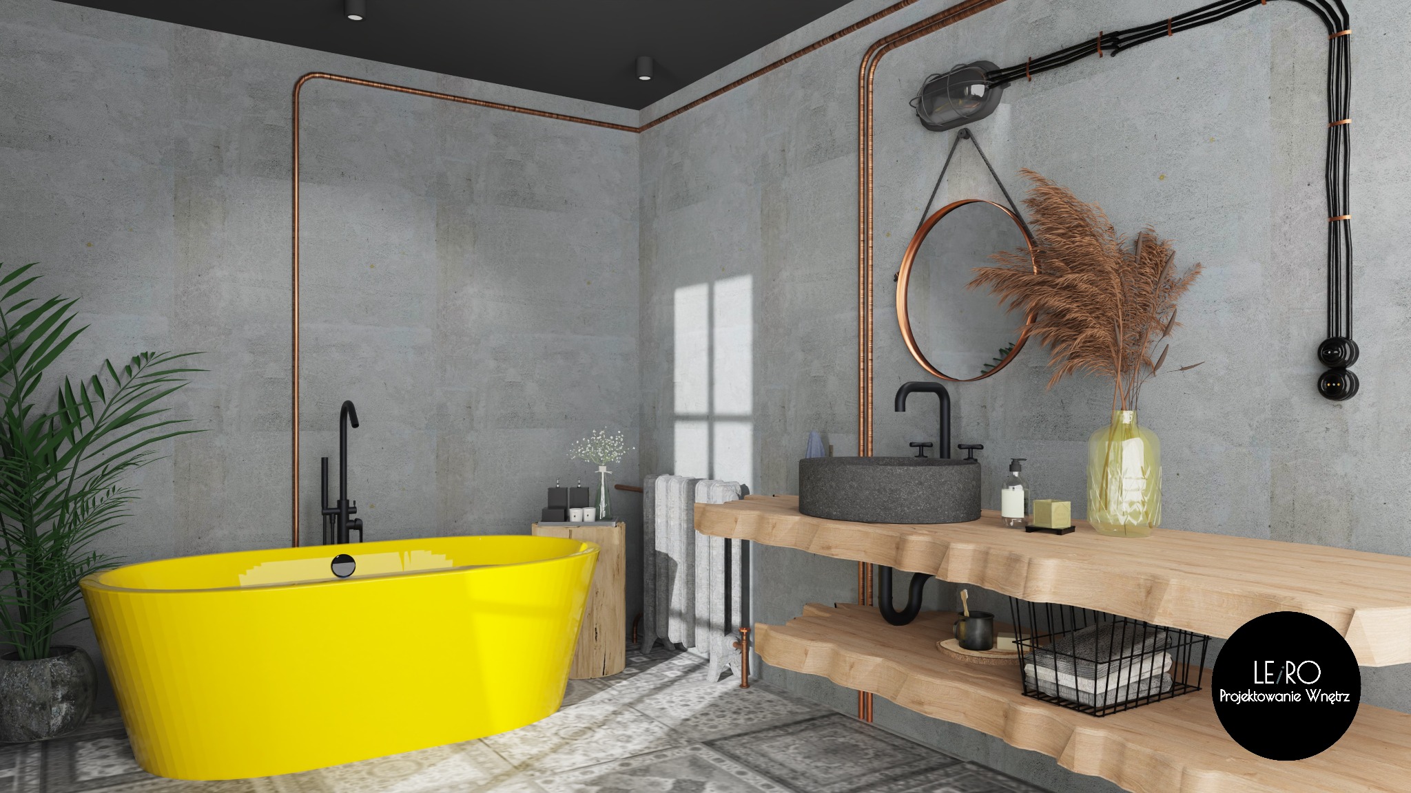 Nowoczesna łazienka w stylu industrialnym z żółtą wanną wolnostojącą, szarą umywalką z kamienia na drewnianym blacie o nieregularnym kształcie, miedzianymi rurami na ścianie i czarnym oświetleniem.