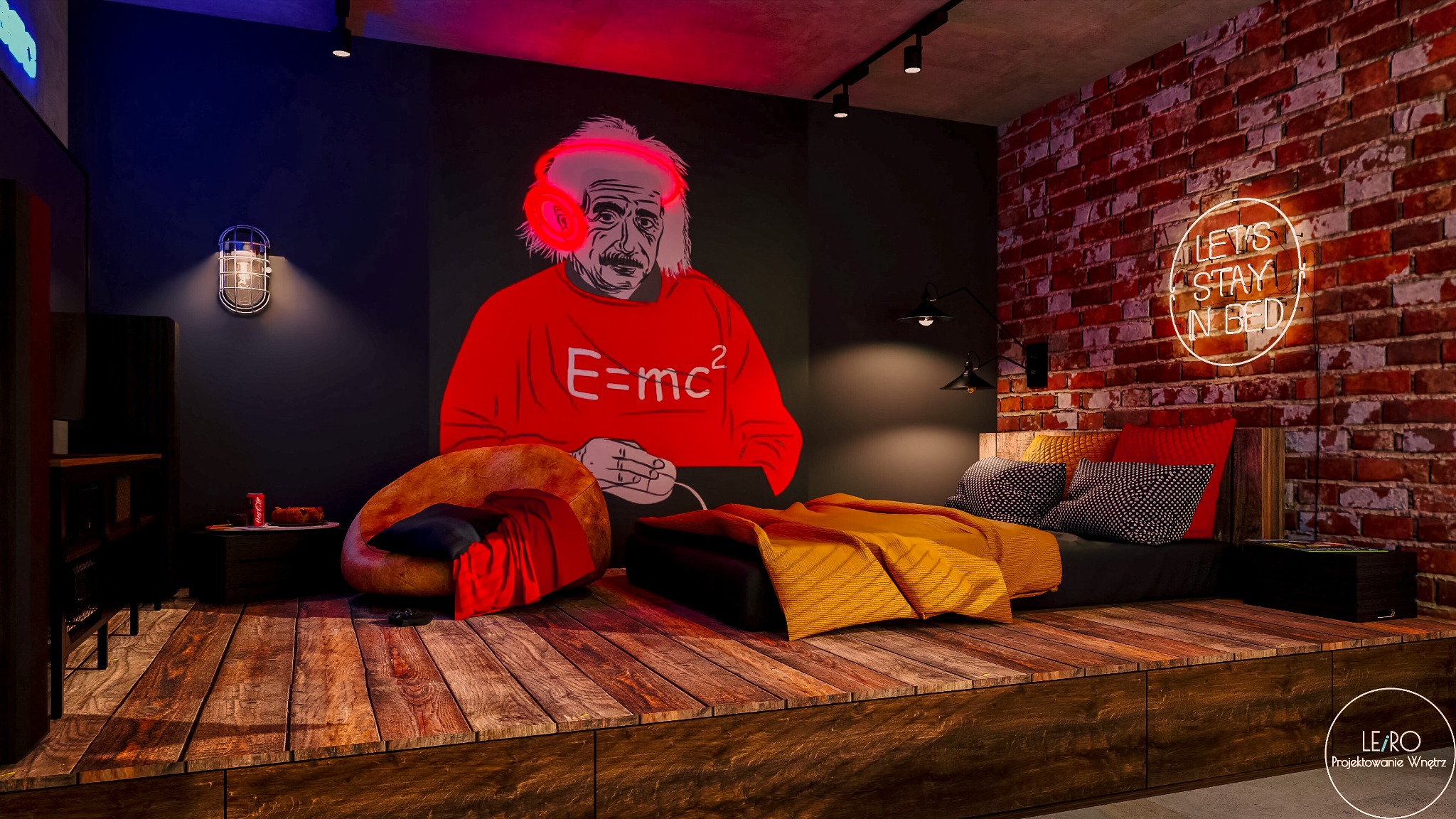 Pokój młodzieżowy w stylu loft z łóżkiem na podwyższeniu z drewnianych desek, ścianą z czerwonej cegły i neonem 'Let's stay in bed', oraz muralem Einsteina w słuchawkach na czarnej ścianie.