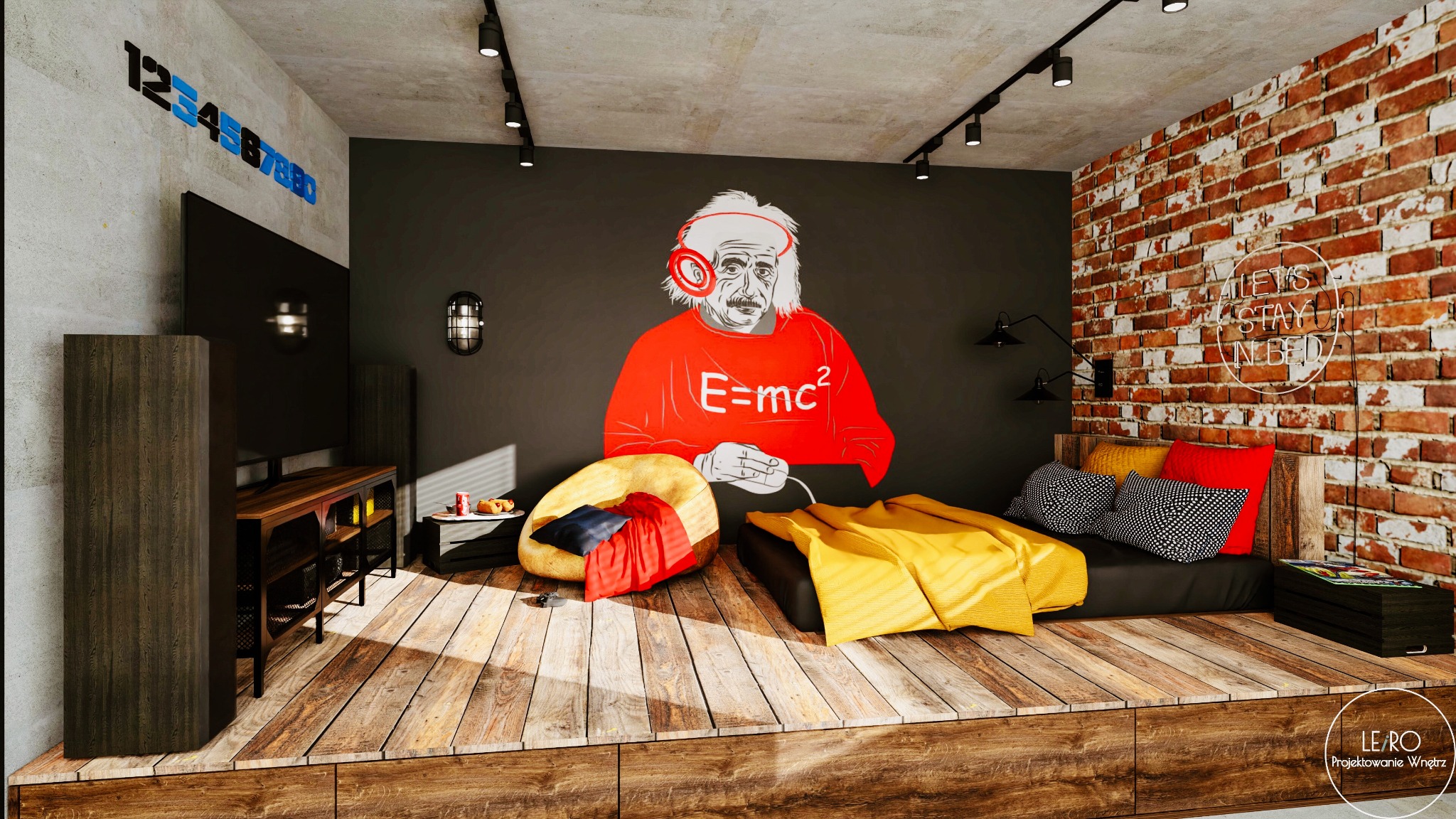 Pokój młodzieżowy z podwyższoną drewnianą podłogą, ceglaną ścianą z neonem 'Let's Stay In Bed', ścianą z grafiką Einsteina w słuchawkach i wzorem E=mc2, oraz elementami dekoracyjnymi, takimi jak...