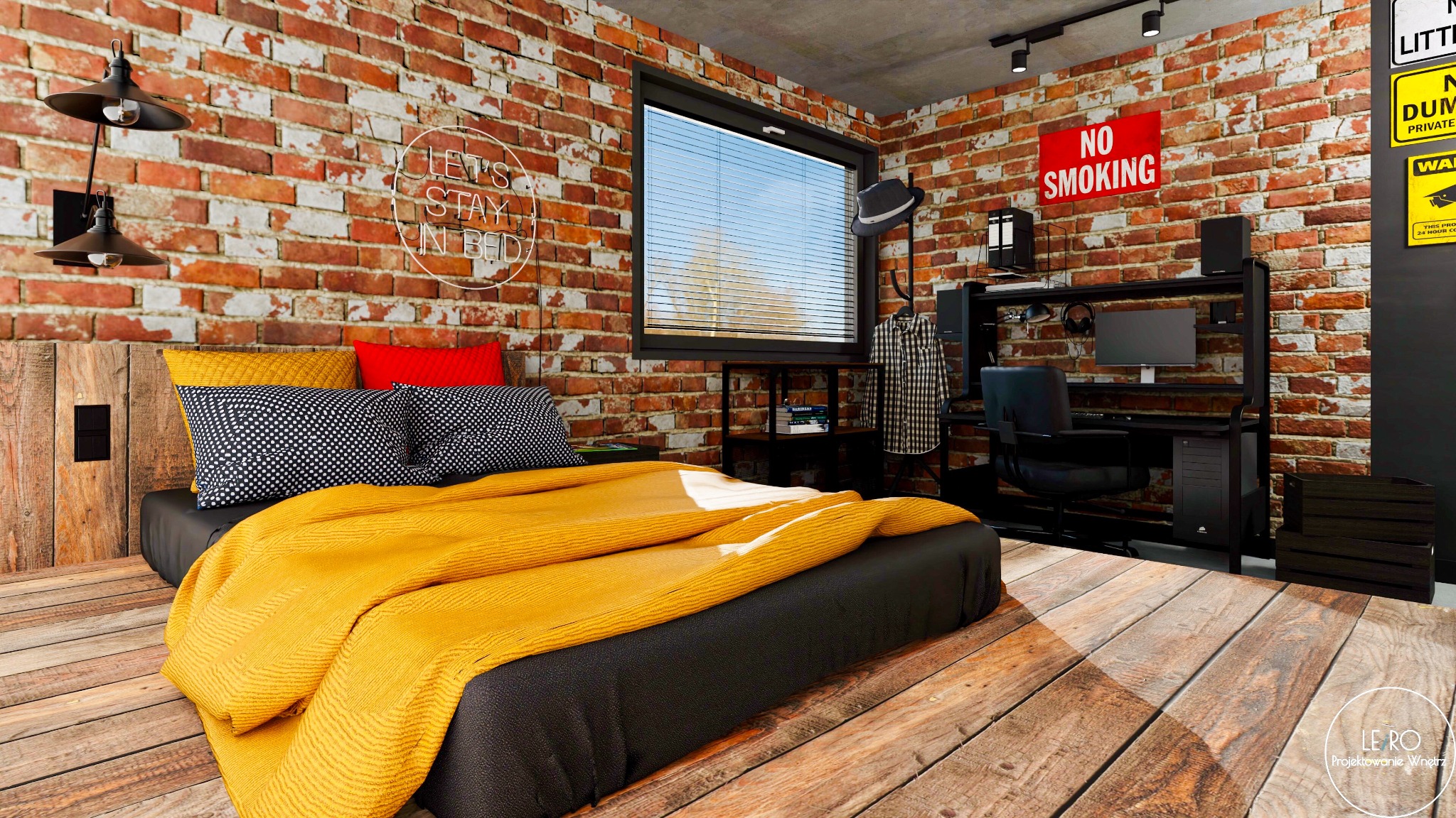 Loftowa sypialnia z ceglaną ścianą, drewnianym łóżkiem przykrytym żółtą narzutą, neonem 'Let's stay in bed' i biurkiem komputerowym z czarnymi meblami.