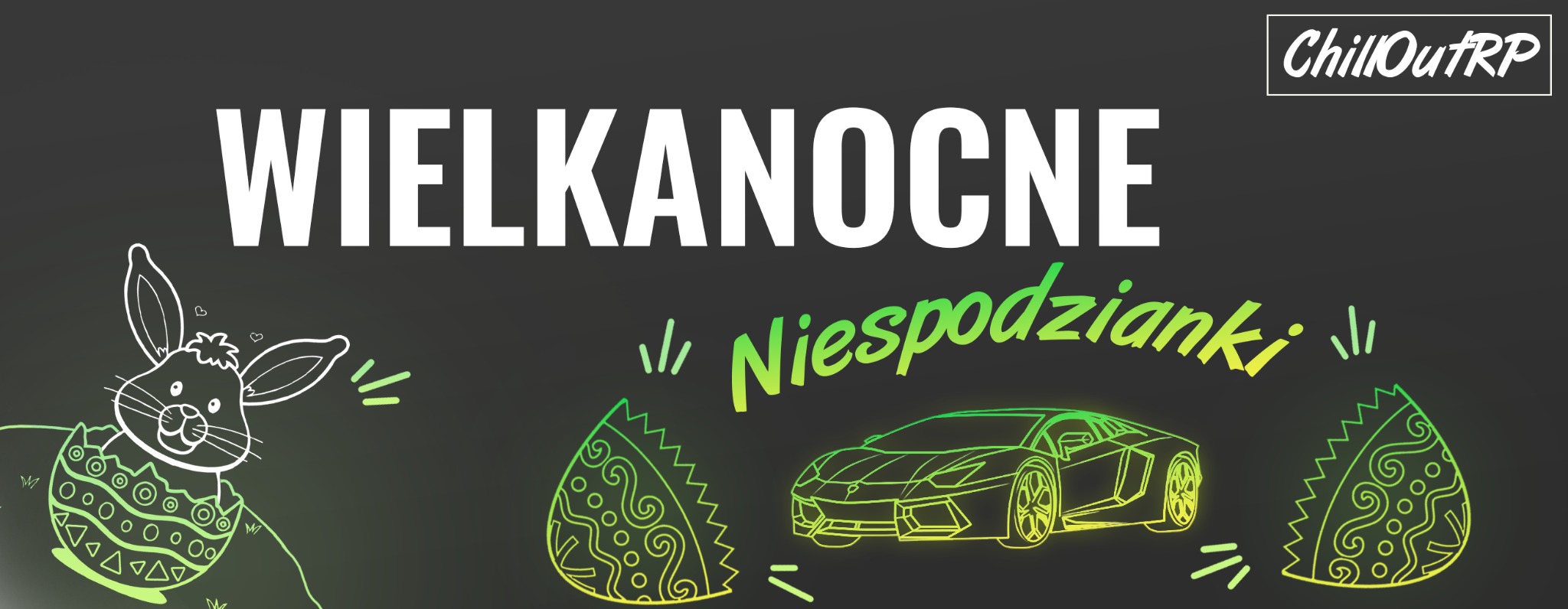 Wielkanocne niespodzianki: Grafika z zarysem królika wyłaniającego się z pisanki, napisem 'Wielkanocne Niespodzianki' oraz zarysem sportowego samochodu, całość w neonowych kolorach na ciemnym tle...