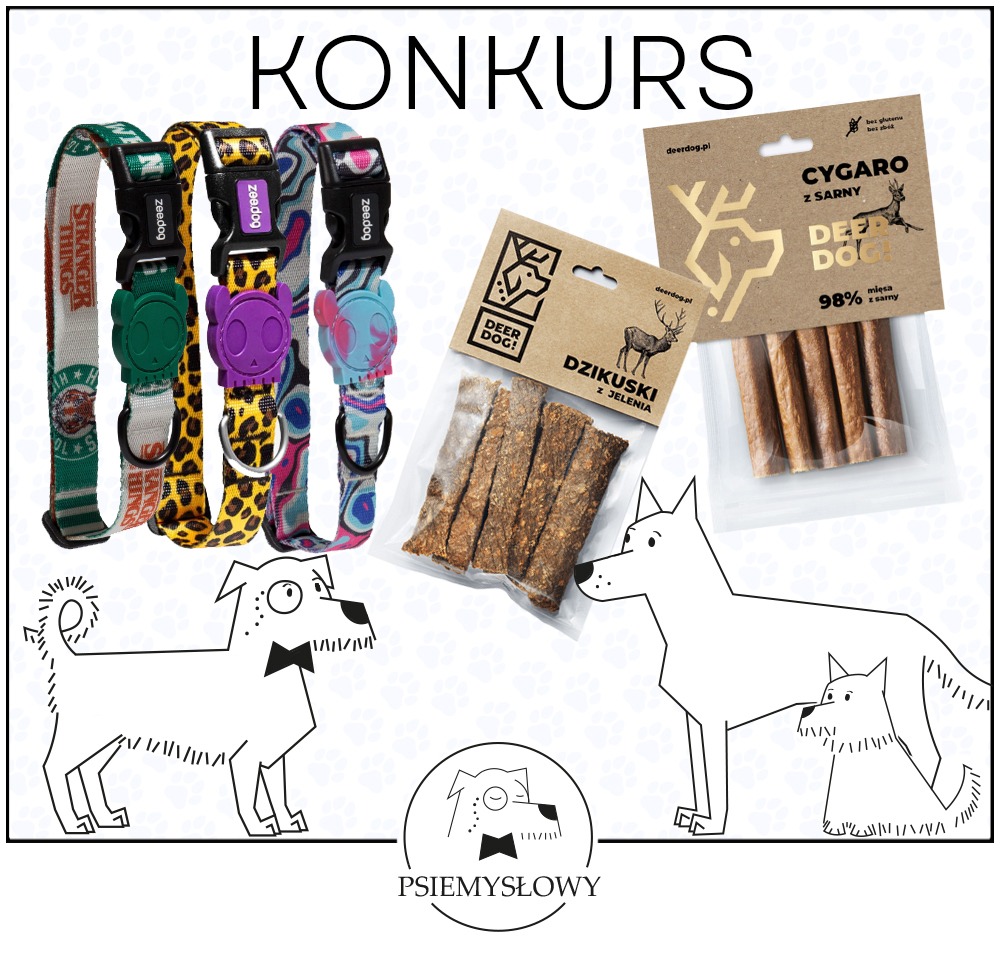 Zdjęcie promocyjne z trzema obrożami dla psów z różnymi wzorami i zawieszkami w kształcie zwierząt, obok paczki przysmaków dla psów z jelenia i wołowiny, oraz logo firmy PsieMyślowy i napis KONKURS.