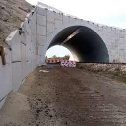 Konstrukcja tunelu z prefabrykatów betonowych przy nasypie kolejowym, widoczne elementy zbrojeniowe na górze i barierki ostrzegawcze przed wjazdem.