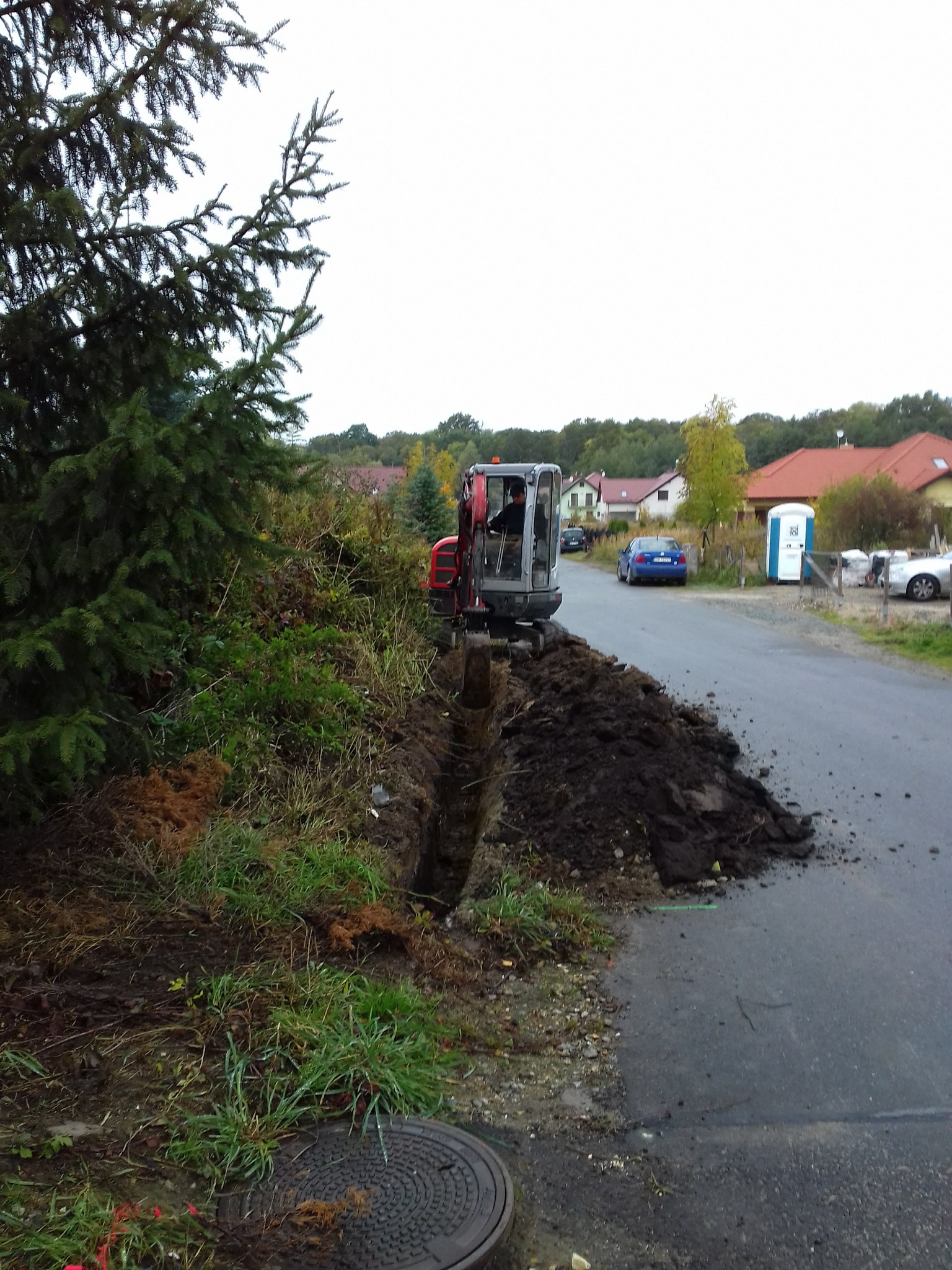 Mini koparka wykopuje wąski rów wzdłuż asfaltowej drogi, obok rosnącego świerku i zarośli; ziemia z wykopu usypana na krawędzi jezdni.