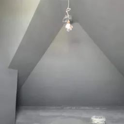 Pomalowane na szaro poddasze ze skosami, widoczne narzędzia malarskie i wiadro z farbą, surowa żarówka zwisająca z sufitu.