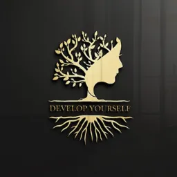 Złote logo przedstawiające drzewo z korzeniami, którego korona formuje profil twarzy kobiety, umieszczone na czarnym, błyszczącym tle z napisem 'DEVELOP YOURSELF'.