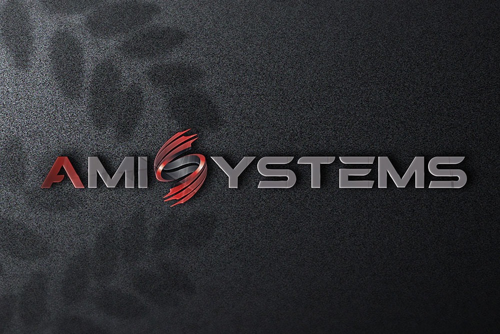 Logo firmy AMISYSTEMS z czerwonymi i srebrnymi elementami na teksturowanym, ciemnoszarym tle, z efektem trójwymiarowości i cieniowania.