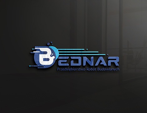 Logo firmy 'Bednar Przedsiębiorstwo Robót Budowlanych' z symbolem 'B' w okręgu z elementami graficznymi imitującymi ruch, umieszczone na ciemnoszarym tle z refleksami.