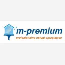 Logo firmy 'm-premium' oferującej profesjonalne usługi sprzątające, z graficznym symbolem okna i kropli.