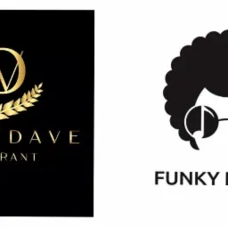 Kompozycja dwóch logotypów: eleganckie logo restauracji Black Dave z inicjałami BD w złotym wieńcu i nazwa poniżej, obok czarno-białe logo Funky Events przedstawiające osobę w okularach i afro.