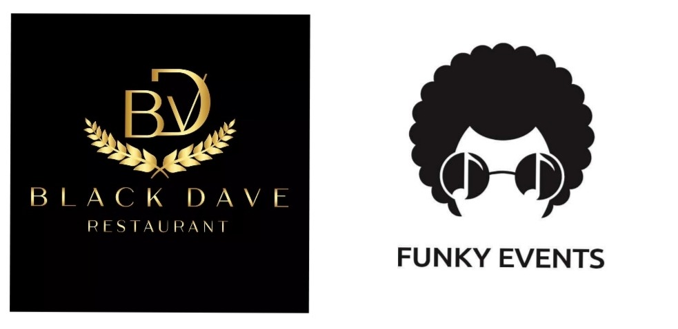 Kompozycja dwóch logotypów: eleganckie logo restauracji Black Dave z inicjałami BD w złotym wieńcu i nazwa poniżej, obok czarno-białe logo Funky Events przedstawiające osobę w okularach i afro.