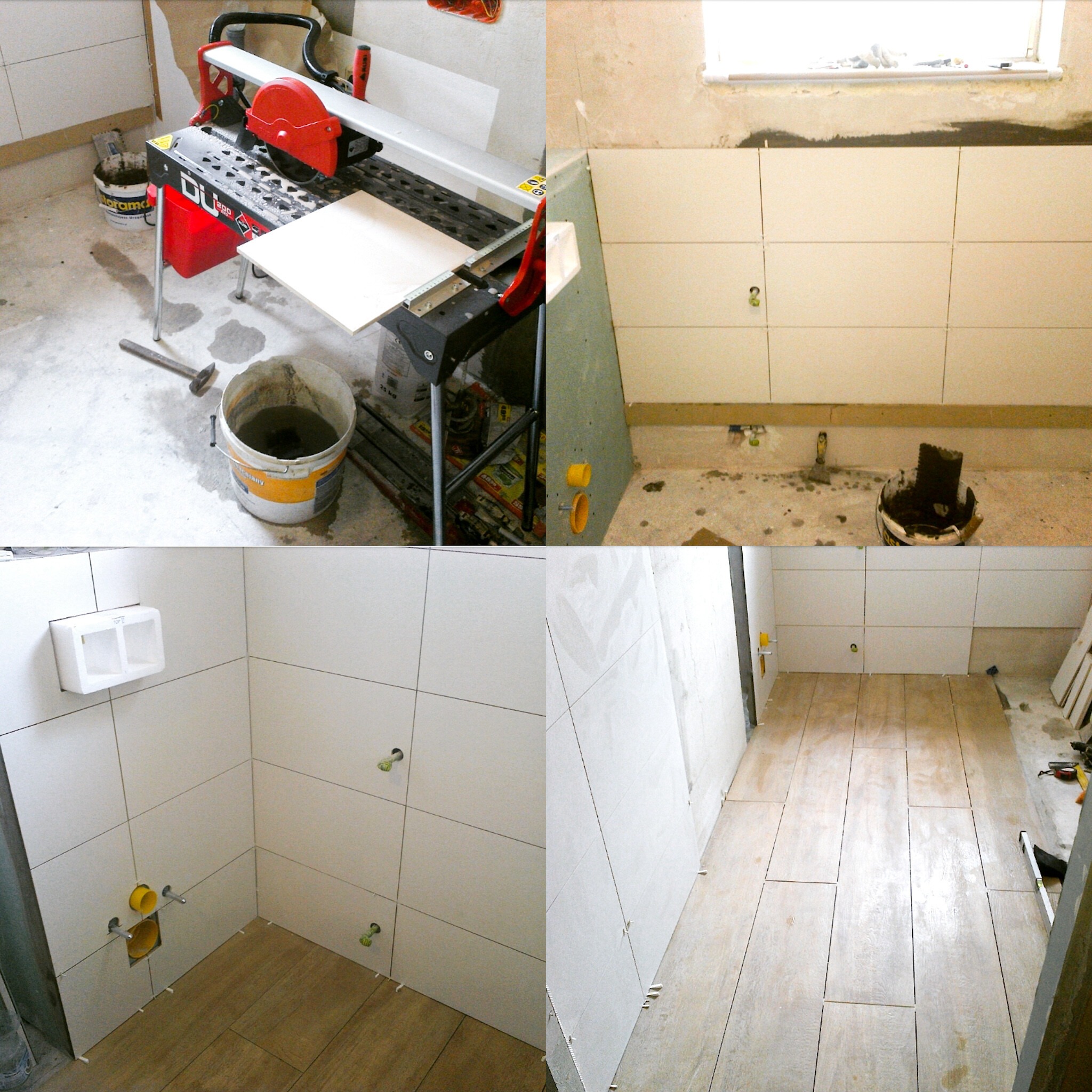 Układanie płytek w łazience w Łodzi: widok na maszynę do cięcia płytek, wiadro z zaprawą, oraz fragmenty ścian i podłogi z ułożonymi płytkami, ukazujące postęp prac.