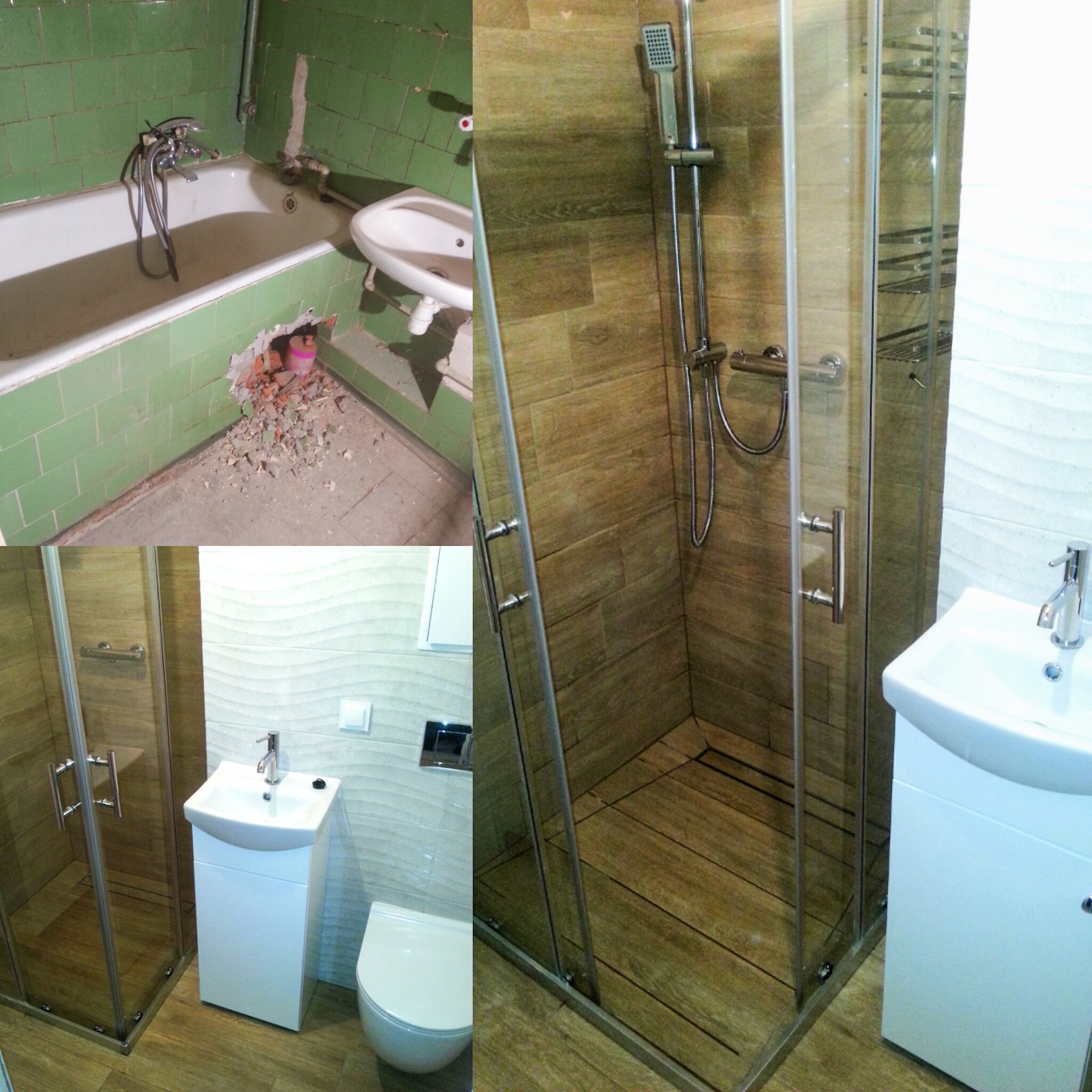 Porównanie stanu łazienki przed i po remoncie: stara, zielona glazura z uszkodzeniami obok nowej kabiny prysznicowej z drewnopodobnymi płytkami, umywalki i toalety.
