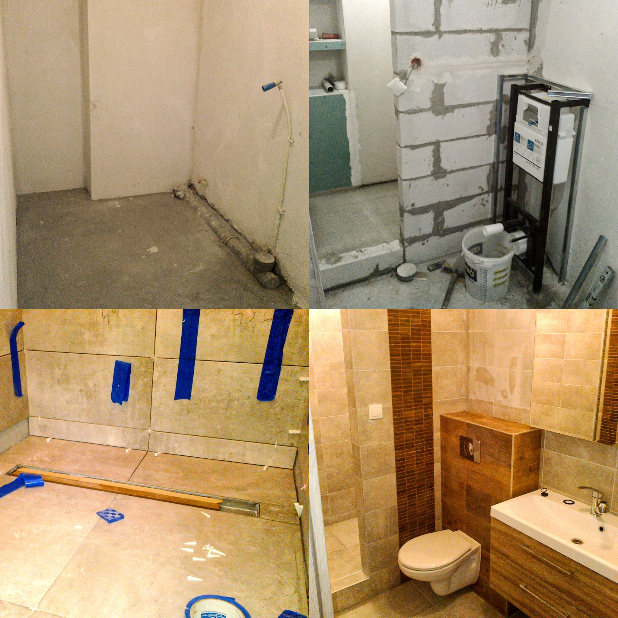 Czteropanelowe ujęcie postępów prac w łazience: surowe ściany z rurami, stelaż podtynkowy WC z obmurowaniem, układanie płytek z niebieską taśmą, gotowa łazienka z drewnopodobnymi płytkami, wiszącą...