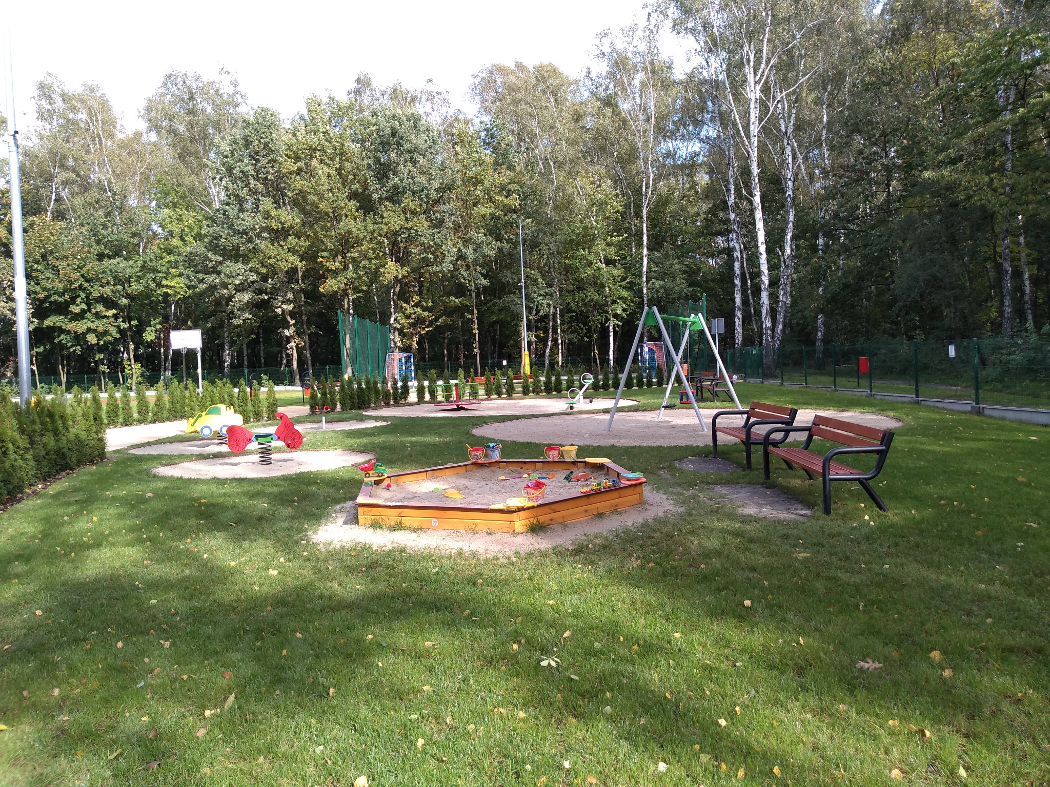 Nowoczesny plac zabaw z piaskownicą w kształcie sześcioboku, huśtawkami, bujakami sprężynowymi i ławkami, otoczony zielonym trawnikiem, drzewami liściastymi i niskimi tujami.