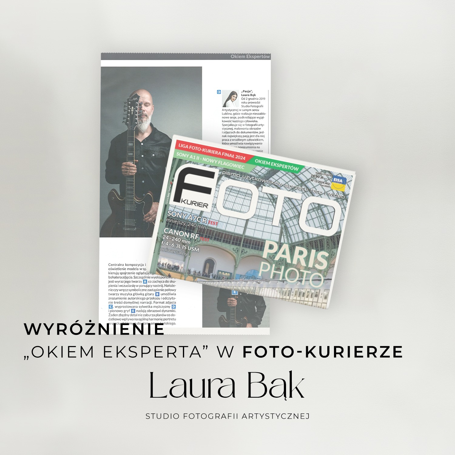 Zdjęcie artykułu z Foto-Kuriera, wyróżniającego studio fotograficzne Laury Bak z Lublina, specjalizujące się w fotografii artystycznej. Artykuł zawiera portret mężczyzny z gitarą, analizowany okiem...