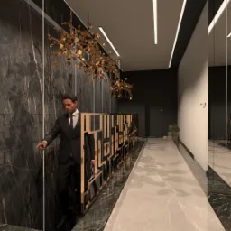 Wizualizacja korytarza biurowego z marmurowymi ścianami, złotą balustradą i designerską lampą, mężczyzna w garniturze przy ścianie.