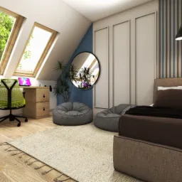 Pokój na poddaszu z oknami dachowymi, biurkiem z zielonym krzesłem, łóżkiem z brązową pościelą, szarą pufą i piłką do siatkówki na drewnianej podłodze.