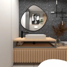 Wizualizacja nowoczesnej łazienki z umywalką nablatową, drewnianą szafką z lamelami, asymetrycznym lustrem i czarną armaturą na tle ściany z mozaiki.