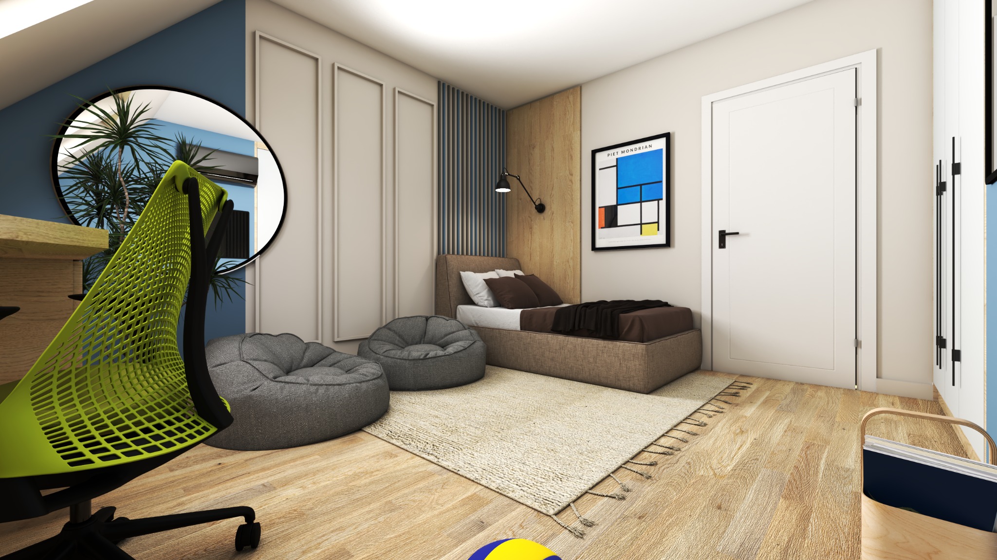 Wizualizacja pokoju młodzieżowego z łóżkiem, pufami typu worek, biurkiem z zielonym krzesłem obrotowym i plakatem Mondriana na ścianie. W tle widoczne pionowe panele dekoracyjne.