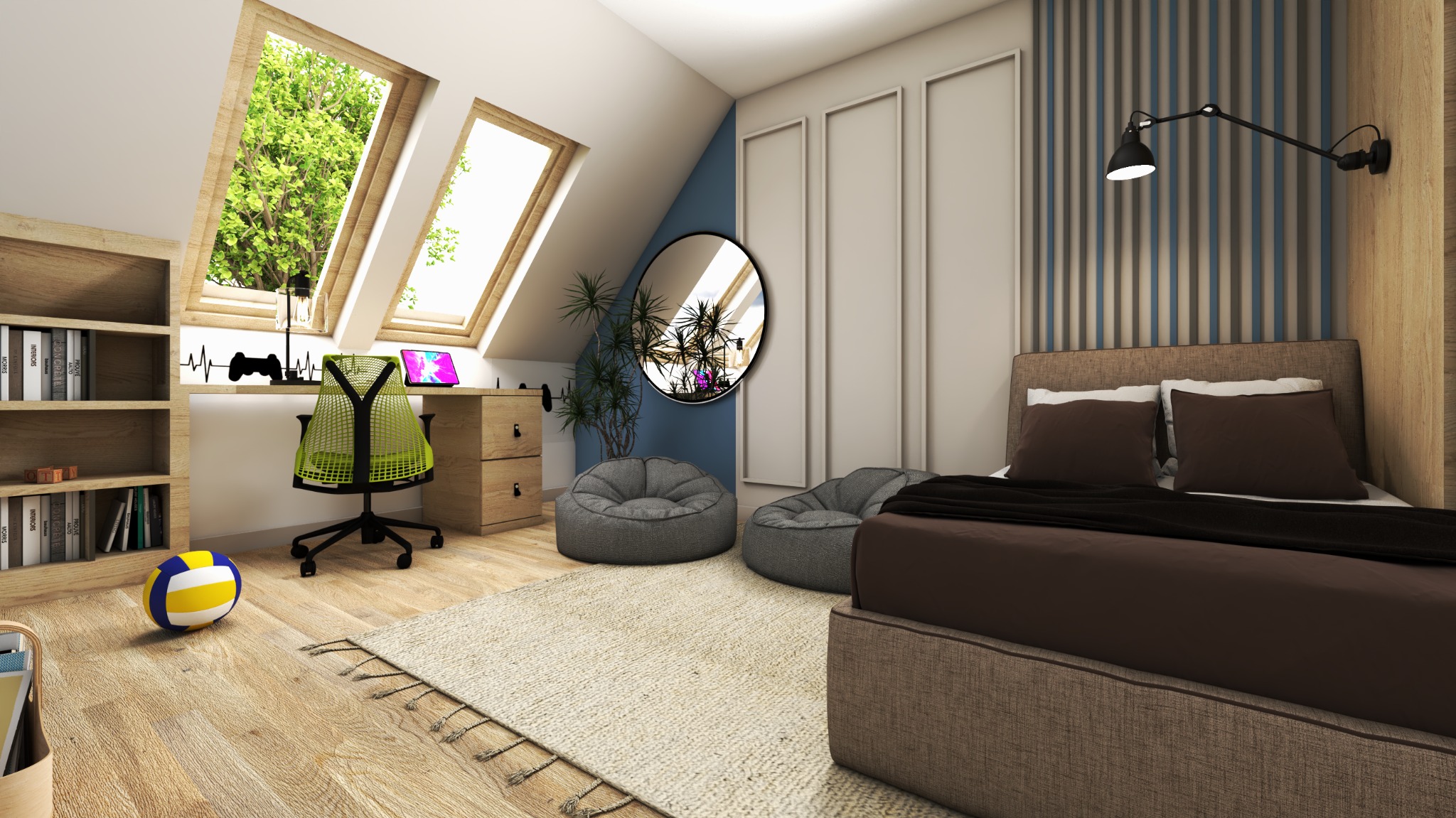 Pokój na poddaszu z oknami dachowymi, biurkiem z zielonym krzesłem, łóżkiem z brązową pościelą, szarą pufą i piłką do siatkówki na drewnianej podłodze.