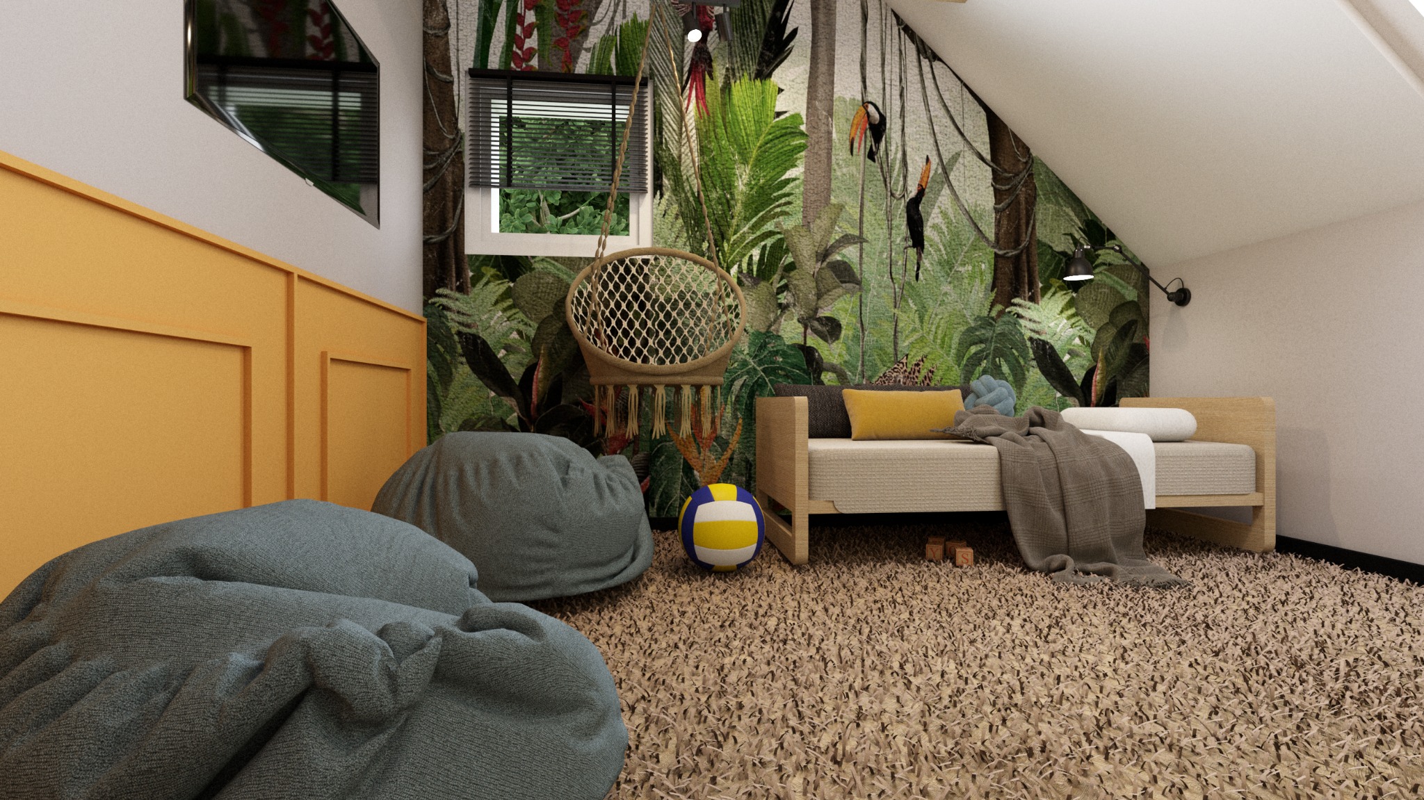 Pokój dziecięcy na poddaszu z fototapetą w motywy tropikalne, wiszącym fotelem, beżowym łóżkiem, pufami w kolorze szarym i piłką do siatkówki na dywanie.