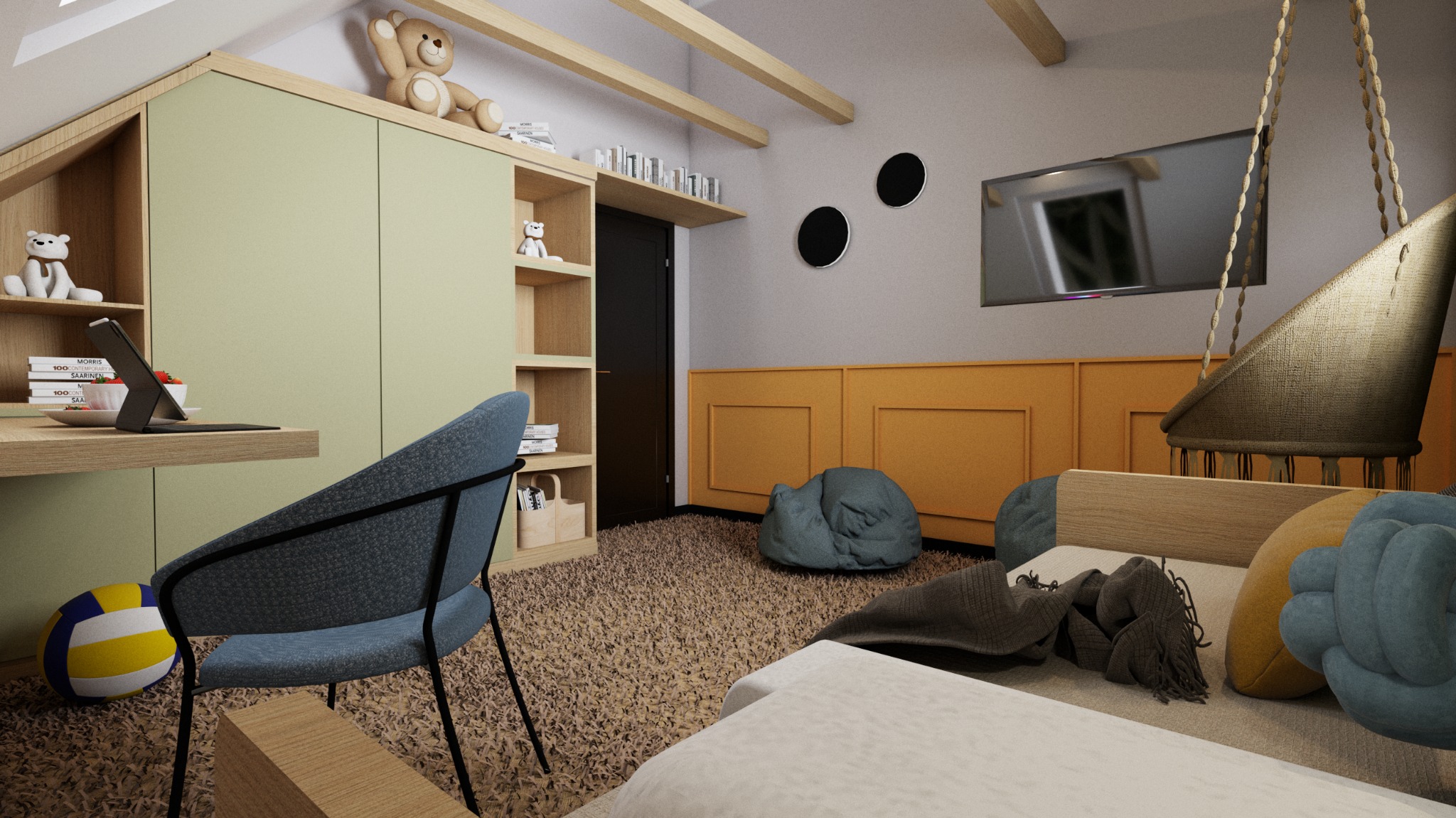 Pokój dziecięcy na poddaszu z biurkiem, półkami, łóżkiem z wiszącym fotelem i pufami, oświetlony światłem dziennym, z zabawkami na półkach i piłką przy krześle.