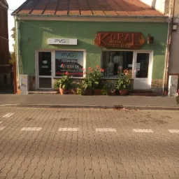 Fasada budynku z dwoma lokalami: PVG Fotowoltaika z oknem z naklejonymi danymi kontaktowymi i KORA Świat Prezentów, oba lokale oddzielone kwiatami w donicach.