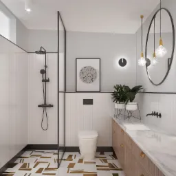 Łazienka z graficzną podłogą.