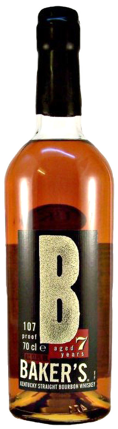 Butelka 7-letniego bourbonu Kentucky Straight Whiskey marki Baker's o pojemności 70 cl i mocy 107 proof, z dużą literą B na etykiecie.