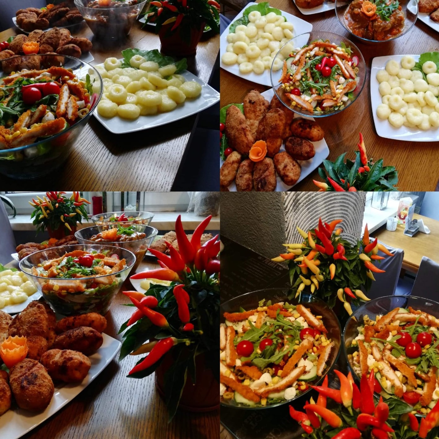 Stół z różnorodnymi potrawami: sałatka z grillowanym kurczakiem, kluski ziemniaczane, krokiety z dekoracją z marchwi, sos mięsny i dekoracyjne papryczki chili w doniczkach.
