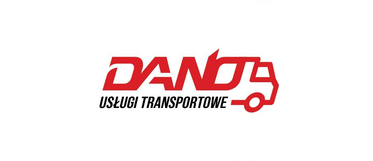 Czerwone logo firmy transportowej 'DAN' z grafiką stylizowanego samochodu na białym tle.