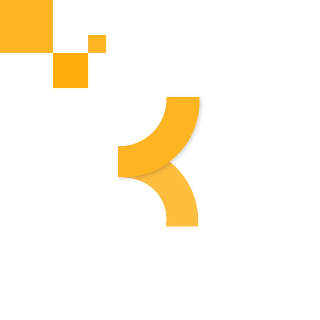 Abstrakcyjne logo: żółte kwadraty w lewym górnym rogu i żółte zakrzywione kształty w prawym dolnym rogu na białym tle.