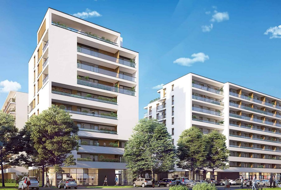 Wizualizacja dwóch nowoczesnych, białych budynków mieszkalnych z balkonami, otoczonych zielenią i zaparkowanymi samochodami w słoneczny dzień.