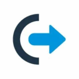 Stylizowany symbol strzałki w prawo, wkomponowanej w półokrąg. Strzałka w kolorze jasnoniebieskim, półokrąg w odcieniu ciemnego granatu. Całość na białym tle.