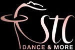 Eleganckie logo w kolorze różowego złota przedstawiające stylizowaną figurę tancerki w kapeluszu, z napisem 'STC DANCE & MORE' na czarnym tle.
