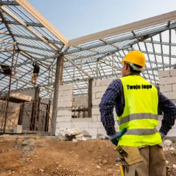 Budowa domu z betonu komórkowego: pracownik w żółtej kamizelce z miejscem na logo obserwuje montaż stalowej konstrukcji dachu.