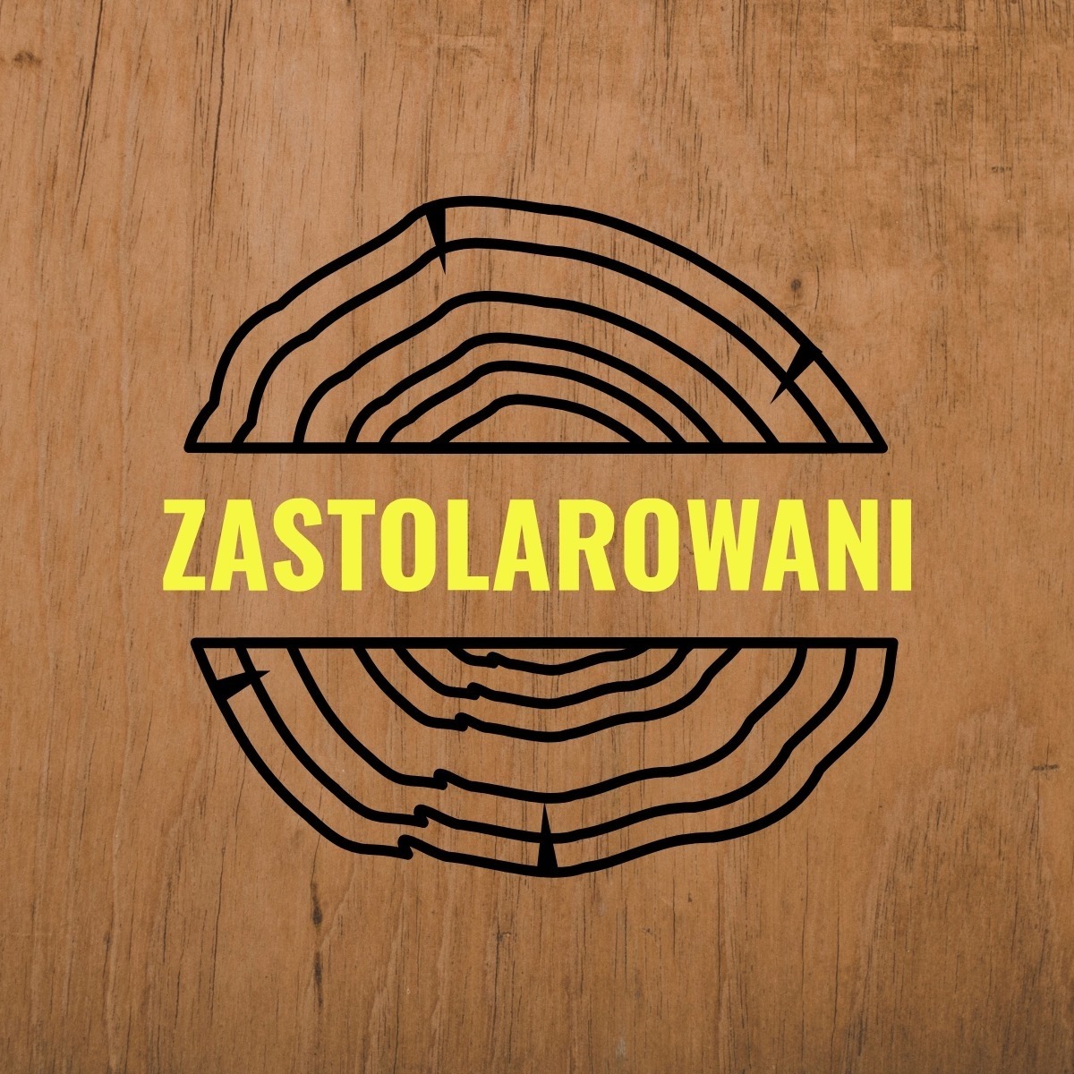 Logo firmy 'ZASTOLAROWANI' na tle tekstury drewna, okrągły motyw z liniami imitującymi słoje drzewa.